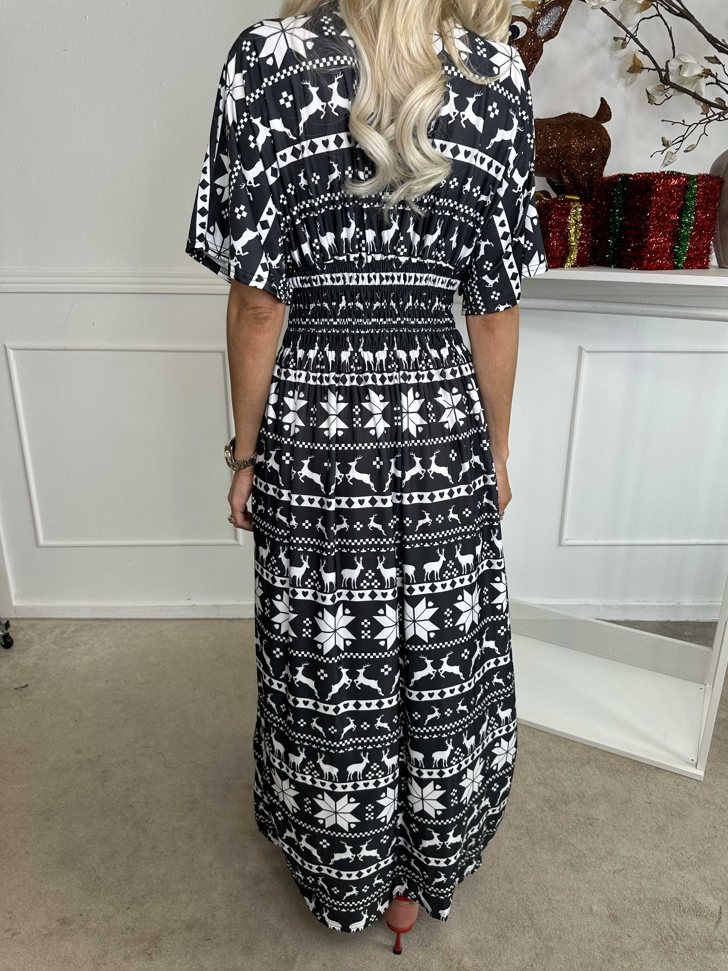 Pams Snow - Lång klänning med resår och jultryck